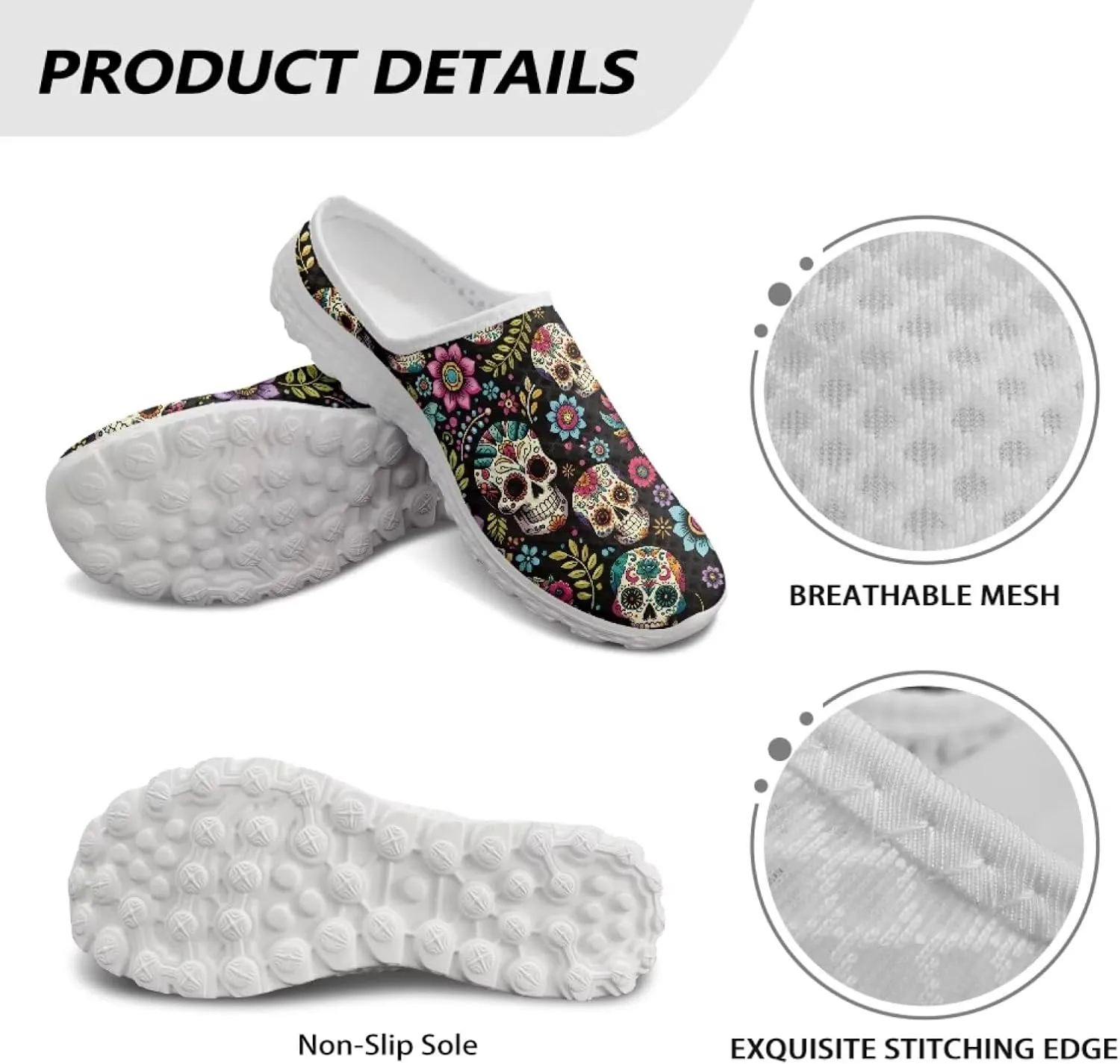 Jeiento Womens Slip On Mules Shoes Backless Walking Sneakers Skull Shoes Casual Slippers