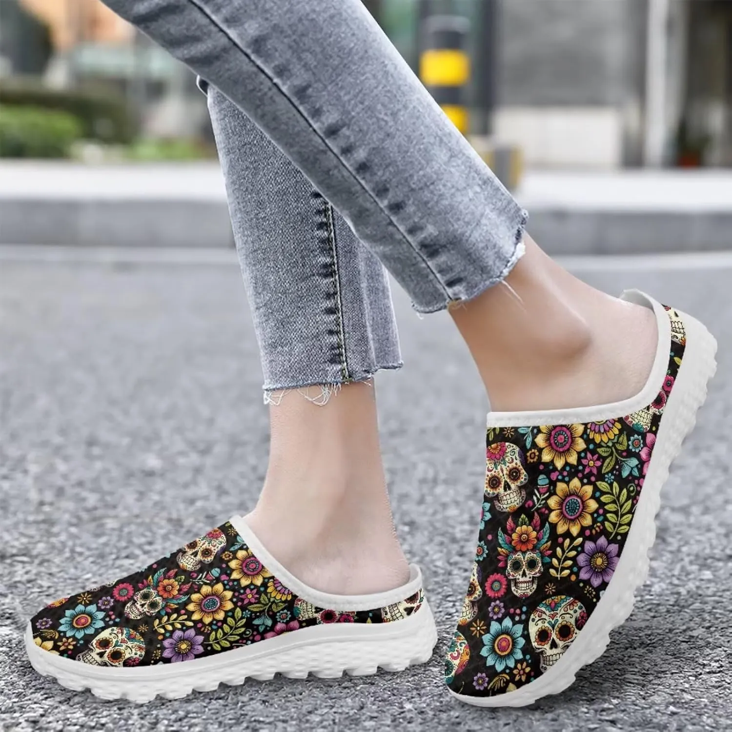 Jeiento Womens Slip On Mules Shoes Backless Walking Sneakers Skull Shoes Casual Slippers