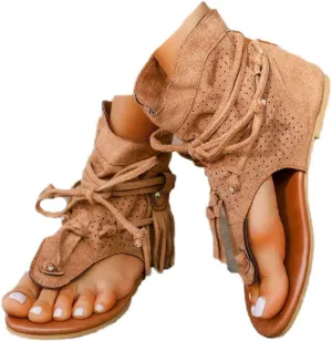 JITUUE Women's Flat Sandals Retro Bohemian Gladiator Fringe Tassel Sandal Ankle Boots Summer Casual Flat Clip Comfortable T-Strap Roman Beach Shoes