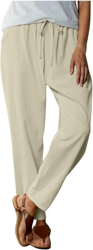 JOAU Linen Pants for Women 2025 Summer Cotton Straight Leg Drawstring High Waisted Palazzo Trousers Lounge Beach Resort Wear