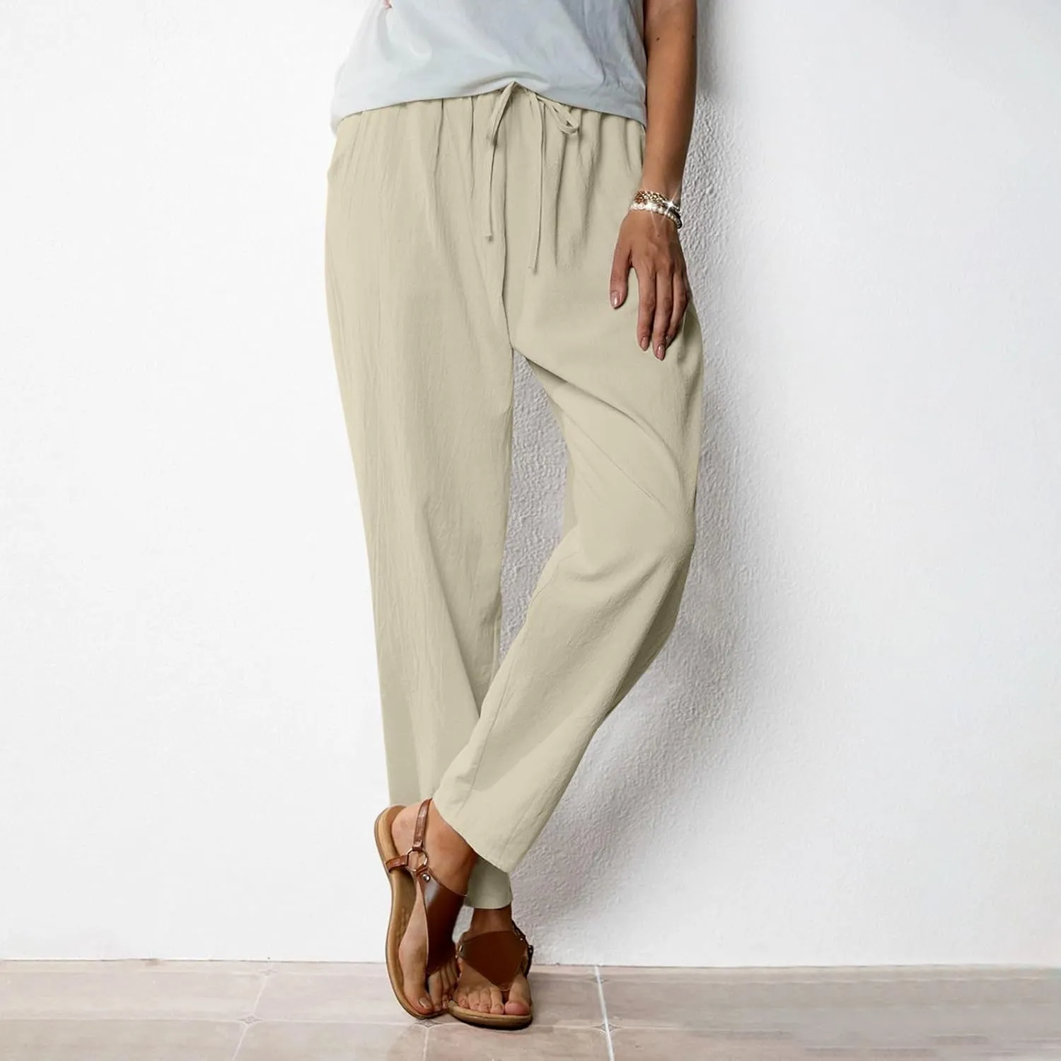 JOAU Linen Pants for Women 2025 Summer Cotton Straight Leg Drawstring High Waisted Palazzo Trousers Lounge Beach Resort Wear