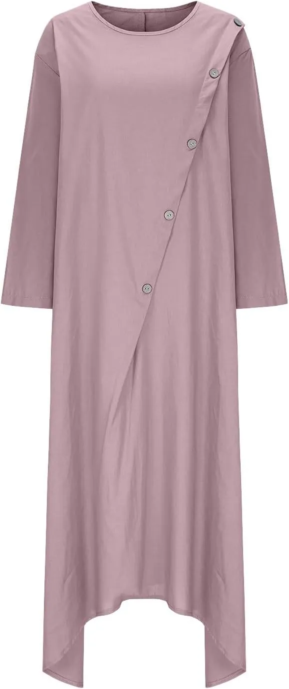JOAU Women Cotton Linen Maxi Dress Casual Summer Long Sleeve Crew Neck Irregular Button A-Line Shirt Dresses with Pockets