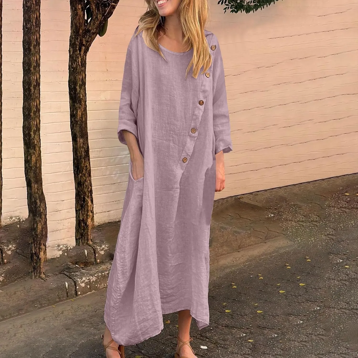 JOAU Women Cotton Linen Maxi Dress Casual Summer Long Sleeve Crew Neck Irregular Button A-Line Shirt Dresses with Pockets