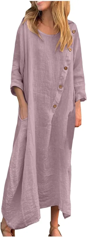 JOAU Women Cotton Linen Maxi Dress Casual Summer Long Sleeve Crew Neck Irregular Button A-Line Shirt Dresses with Pockets