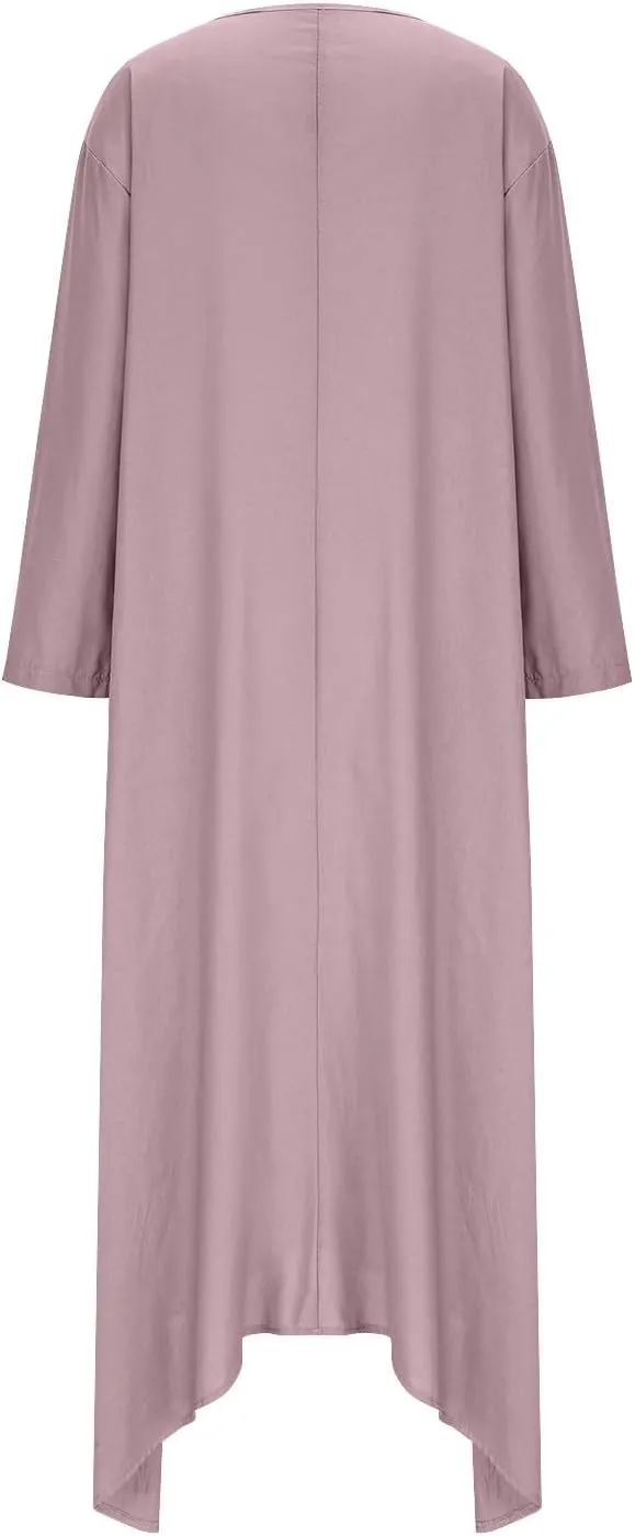 JOAU Women Cotton Linen Maxi Dress Casual Summer Long Sleeve Crew Neck Irregular Button A-Line Shirt Dresses with Pockets