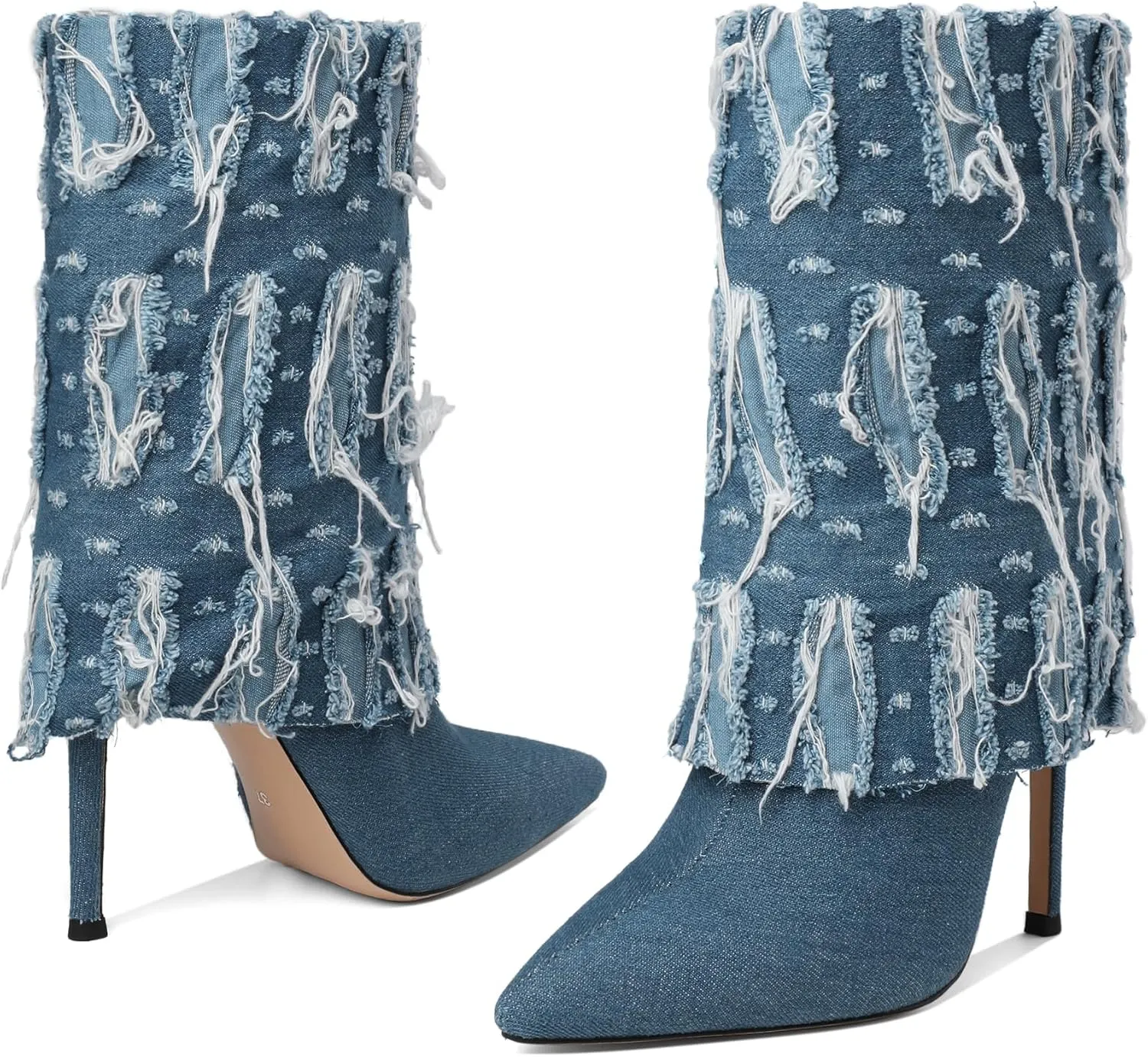 Joseywade Womens High Heel Boots Pointed Toe Stiletto Slim Thin Heel 4.5" Denim Booties Shoes For Winter Fall