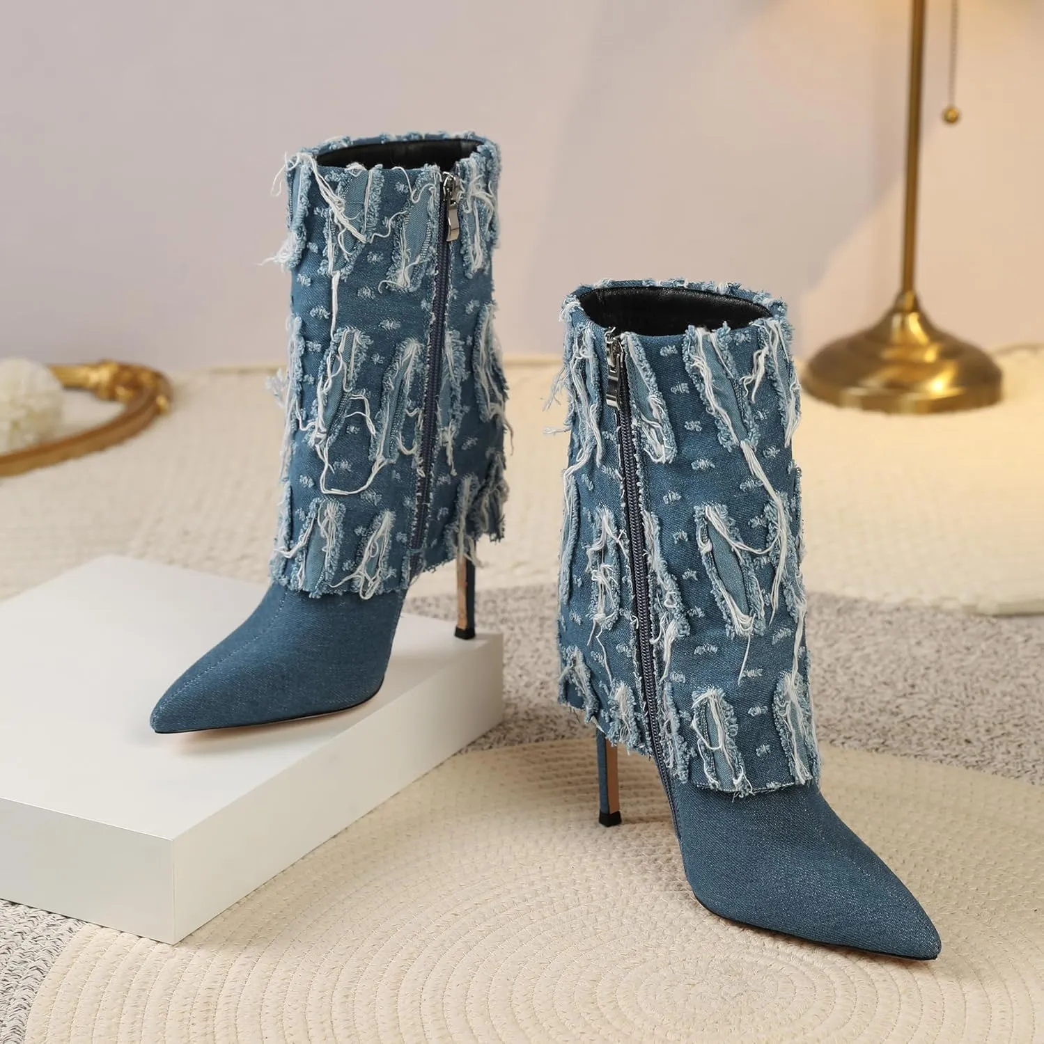 Joseywade Womens High Heel Boots Pointed Toe Stiletto Slim Thin Heel 4.5" Denim Booties Shoes For Winter Fall