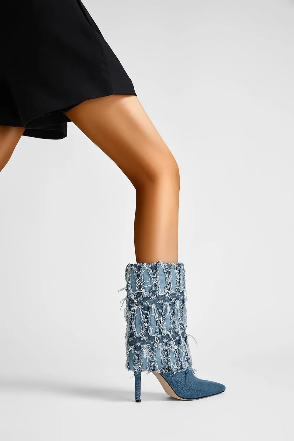 Joseywade Womens High Heel Boots Pointed Toe Stiletto Slim Thin Heel 4.5" Denim Booties Shoes For Winter Fall