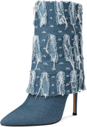 Joseywade Womens High Heel Boots Pointed Toe Stiletto Slim Thin Heel 4.5" Denim Booties Shoes For Winter Fall