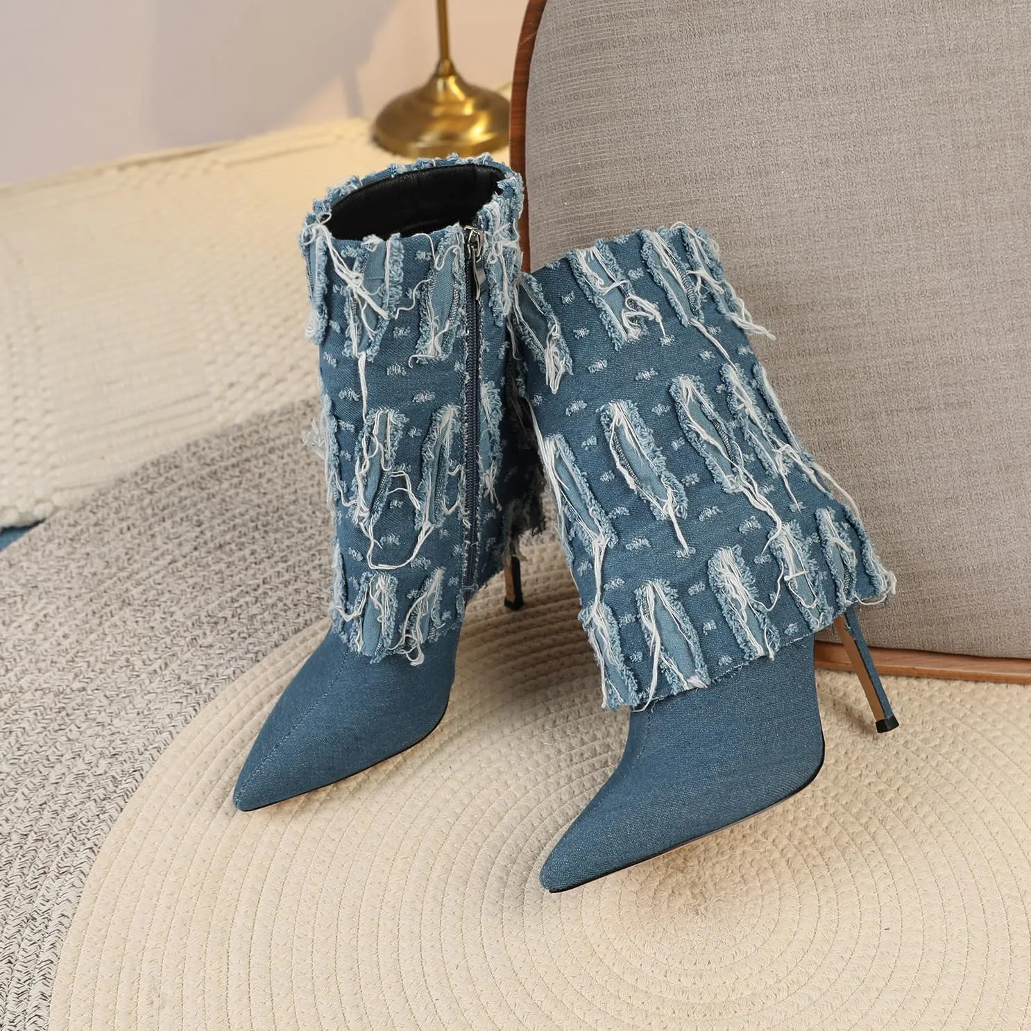 Joseywade Womens High Heel Boots Pointed Toe Stiletto Slim Thin Heel 4.5" Denim Booties Shoes For Winter Fall
