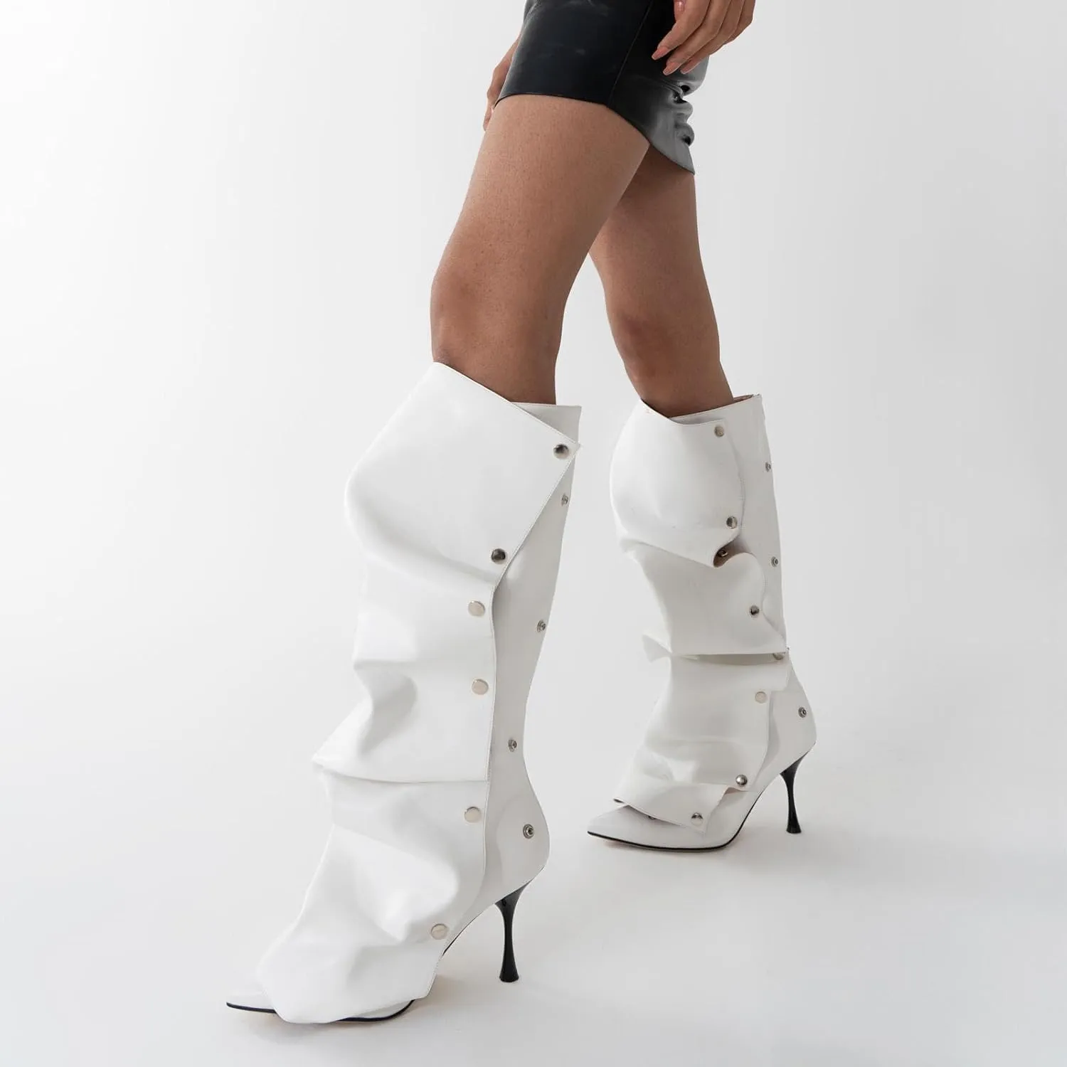 KaroNairy Women Stiletto Knee High Boots Slouch Pointed Toe High Heel Boot Detachable Snap-off Panel Shark Boots