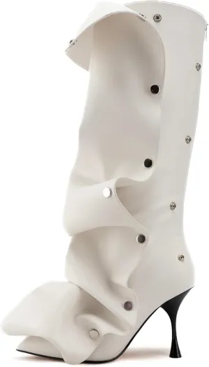 KaroNairy Women Stiletto Knee High Boots Slouch Pointed Toe High Heel Boot Detachable Snap-off Panel Shark Boots