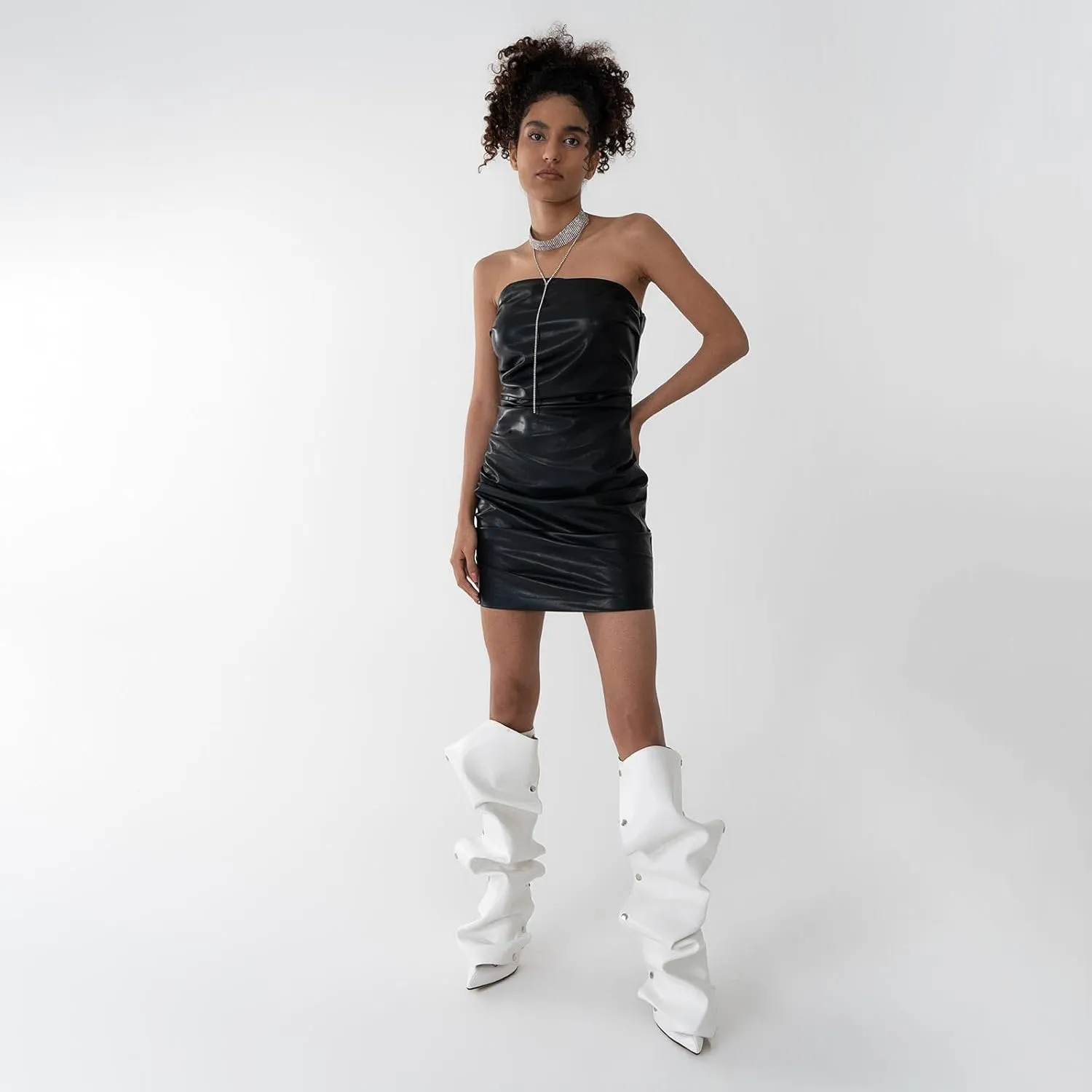 KaroNairy Women Stiletto Knee High Boots Slouch Pointed Toe High Heel Boot Detachable Snap-off Panel Shark Boots