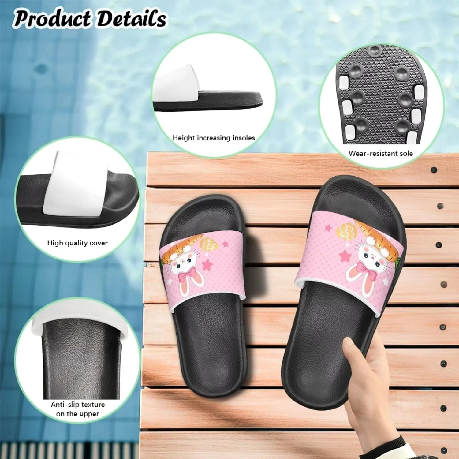 Kids Shower Slippers Slip-On Lightweight Pool Open Toe Toddler Summer Sandals for Beach with EVA Sole