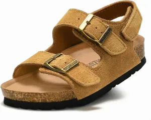 Kids Toddler Suede Sandals Cork Footbed Arch Support Slipper Boys Girls Summer Sandal with Adjustable Buckle and Back Strap Non Slip Open Toe Kid Slippers