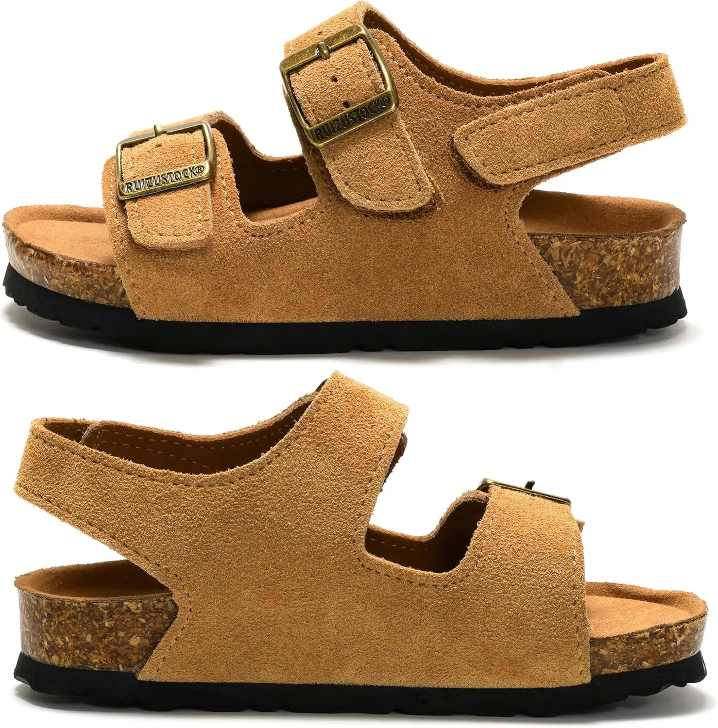 Kids Toddler Suede Sandals Cork Footbed Arch Support Slipper Boys Girls Summer Sandal with Adjustable Buckle and Back Strap Non Slip Open Toe Kid Slippers