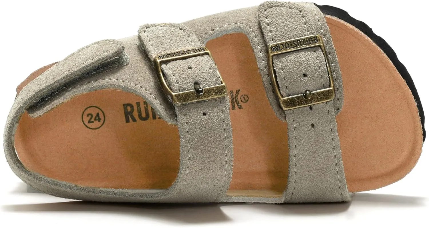 Kids Toddler Suede Sandals Cork Footbed Arch Support Slipper Boys Girls Summer Sandal with Adjustable Buckle and Back Strap Non Slip Open Toe Kid Slippers