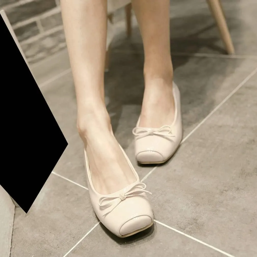 KISSASA Womens Patent Leather Ballet Flats Square Toe Pumps Bow Tie Flats Slip On Casual Shoes