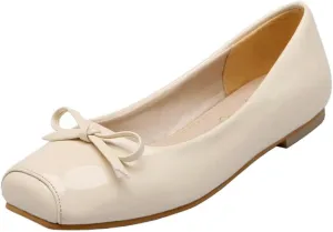 KISSASA Womens Patent Leather Ballet Flats Square Toe Pumps Bow Tie Flats Slip On Casual Shoes