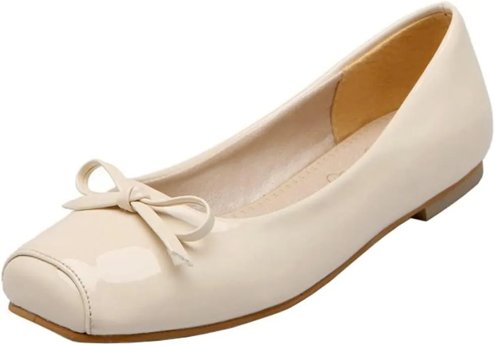 KISSASA Womens Patent Leather Ballet Flats Square Toe Pumps Bow Tie Flats Slip On Casual Shoes