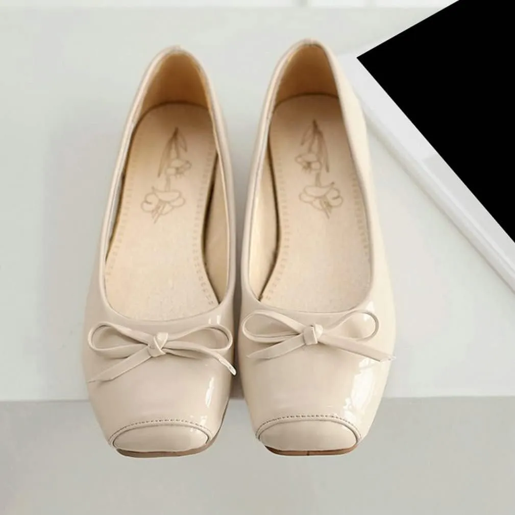 KISSASA Womens Patent Leather Ballet Flats Square Toe Pumps Bow Tie Flats Slip On Casual Shoes