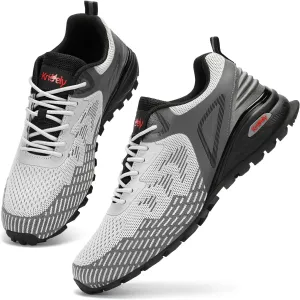 Kricely Trail Running Shoes Men for Hiking Trekking Breathable Cross Training Tennis Fashion Sneakers Lightweight Workout Footwear Outdoor Gym Jogging Light Grey Size 9.5
