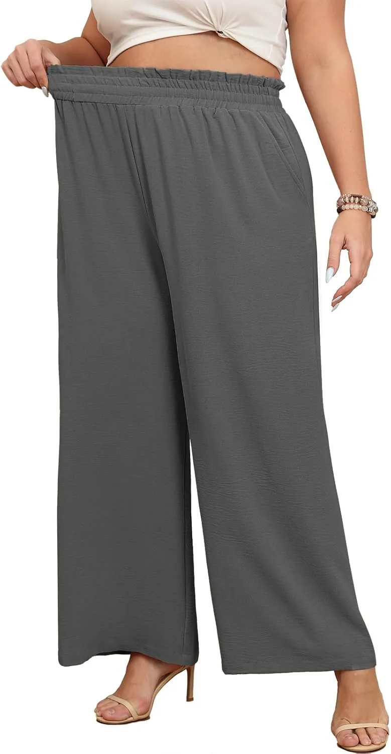 Lastshe Women's Plus Size Wide Leg Pants Elastic Waist Hide Drawstring Loose Work Pants Palazzo Trousers with Pockets
