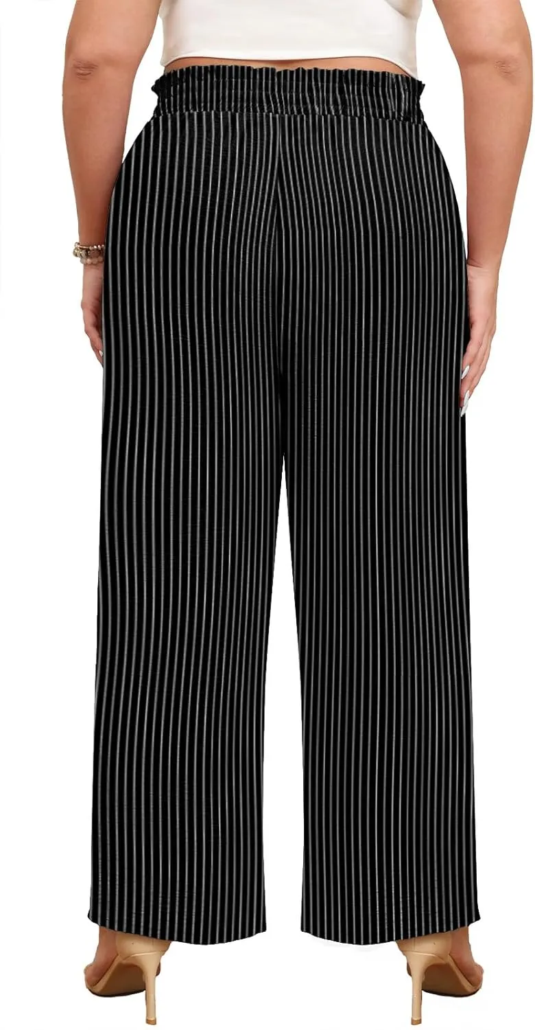 Lastshe Women's Plus Size Wide Leg Pants Elastic Waist Hide Drawstring Loose Work Pants Palazzo Trousers with Pockets
