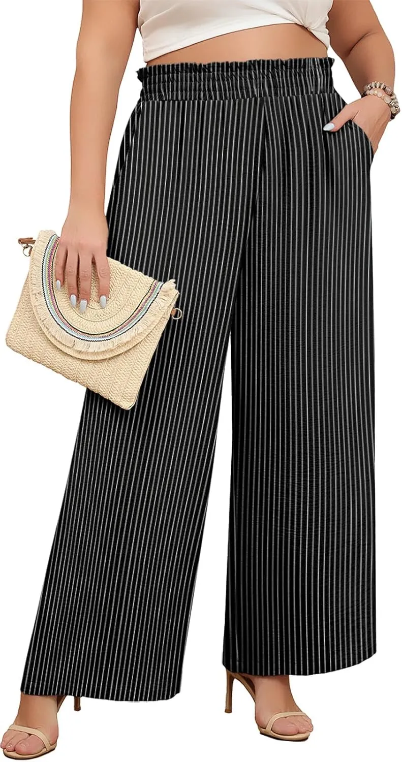 Lastshe Women's Plus Size Wide Leg Pants Elastic Waist Hide Drawstring Loose Work Pants Palazzo Trousers with Pockets