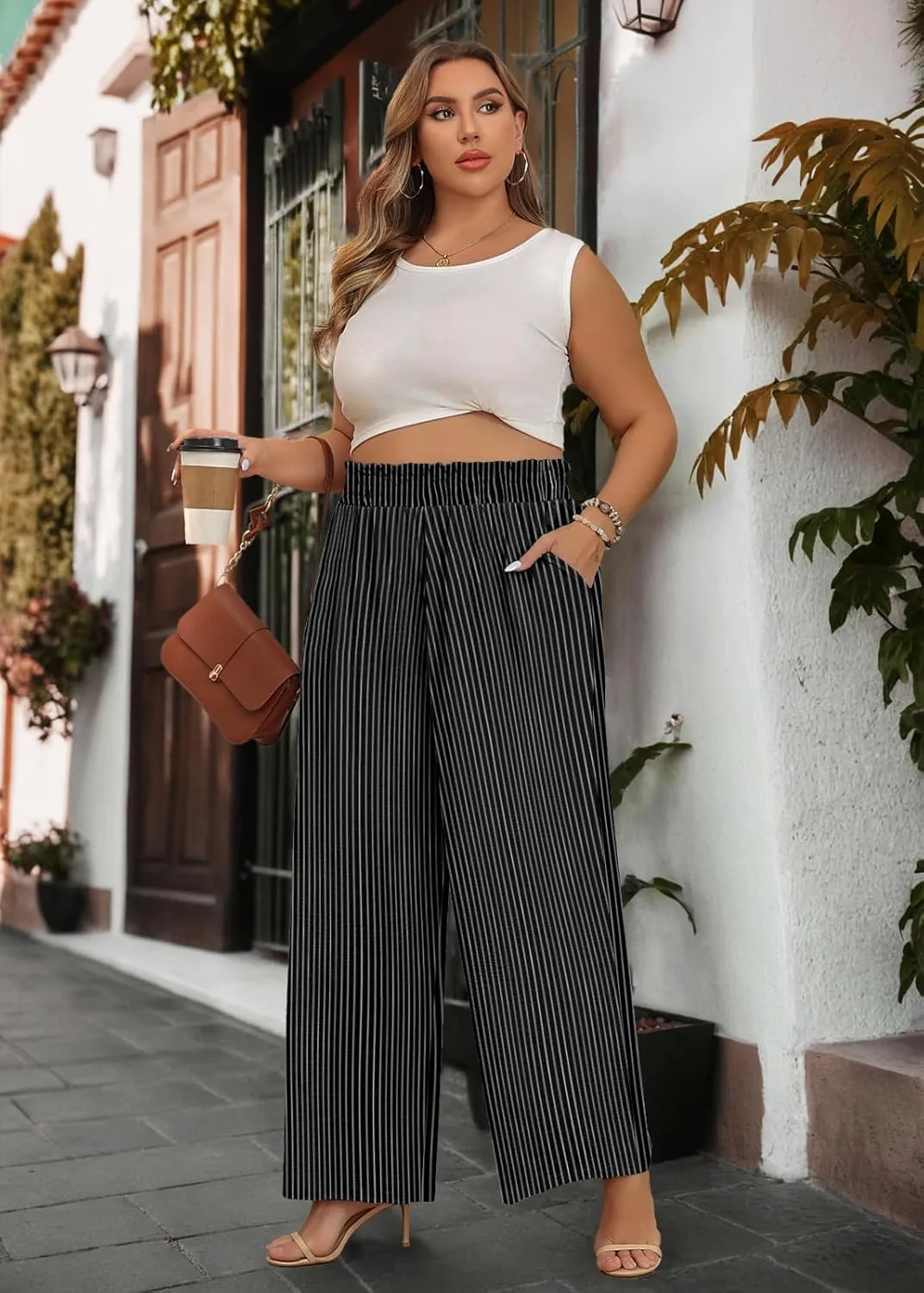 Lastshe Women's Plus Size Wide Leg Pants Elastic Waist Hide Drawstring Loose Work Pants Palazzo Trousers with Pockets