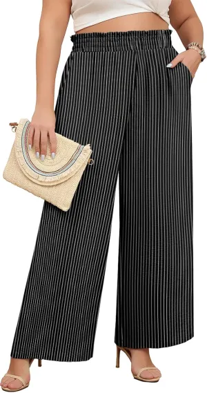 Lastshe Women's Plus Size Wide Leg Pants Elastic Waist Hide Drawstring Loose Work Pants Palazzo Trousers with Pockets
