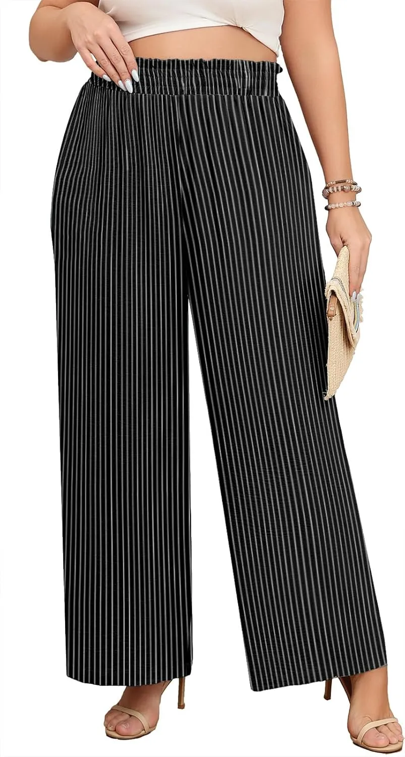 Lastshe Women's Plus Size Wide Leg Pants Elastic Waist Hide Drawstring Loose Work Pants Palazzo Trousers with Pockets