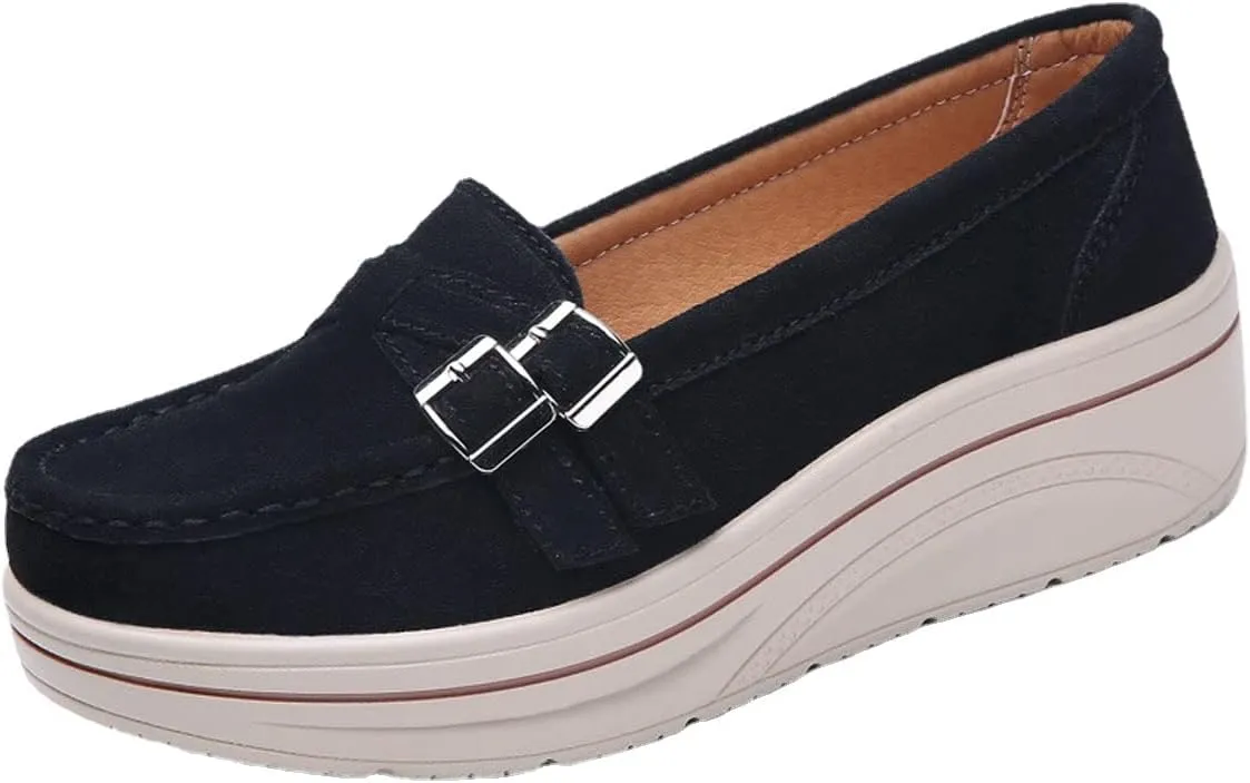 LAVAEGG Women Slip On Loafers,Comfort Suede Moccasins Wide Low Top Shoes,Non-Slip Heightening Wedge Shoes
