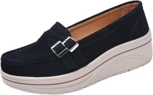 LAVAEGG Women Slip On Loafers,Comfort Suede Moccasins Wide Low Top Shoes,Non-Slip Heightening Wedge Shoes