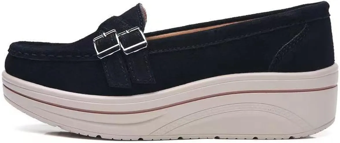 LAVAEGG Women Slip On Loafers,Comfort Suede Moccasins Wide Low Top Shoes,Non-Slip Heightening Wedge Shoes