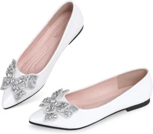 Leather Ballet Flats for Women Bling Rhinestone Fashionable Pointed Slip on Comfort Breathable Wedding Flats Shoes for Women Dress Shoes