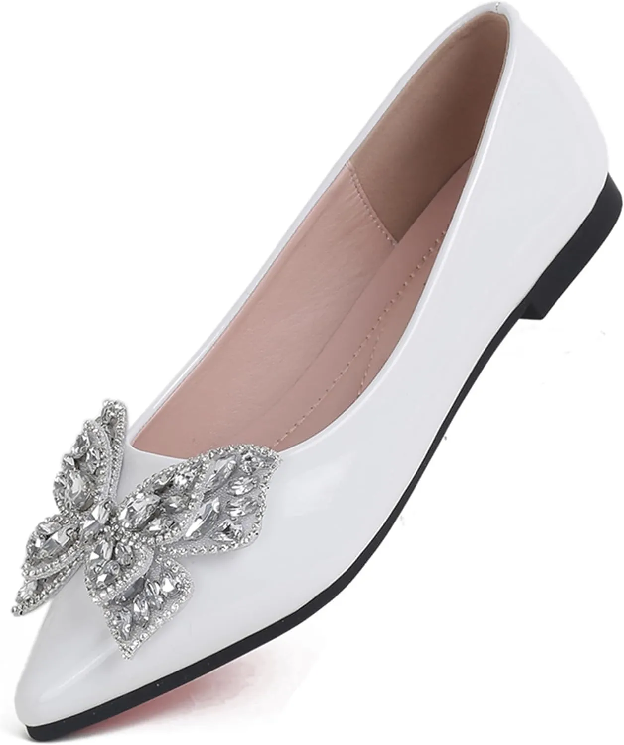Leather Ballet Flats for Women Bling Rhinestone Fashionable Pointed Slip on Comfort Breathable Wedding Flats Shoes for Women Dress Shoes