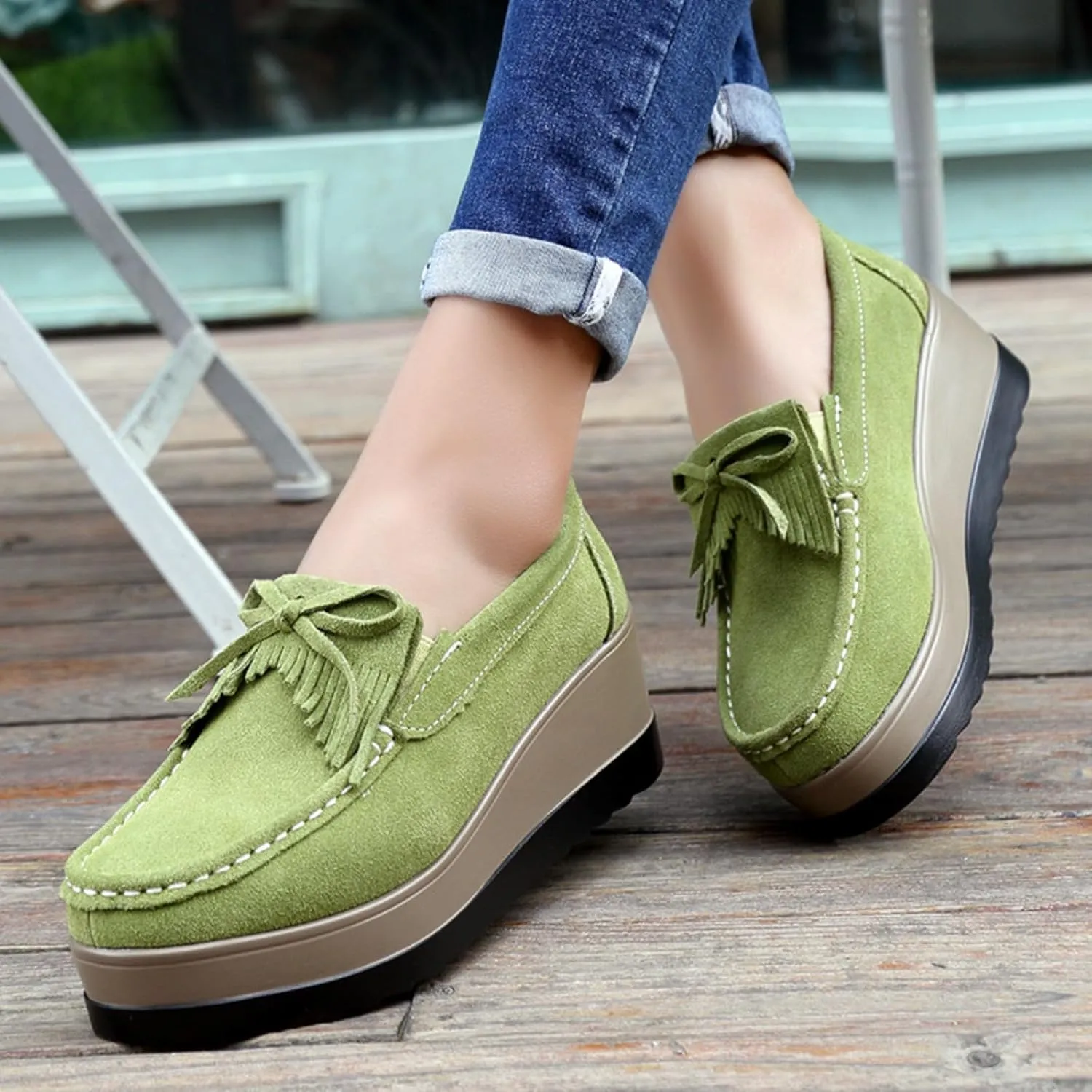 Lefu Women's Tassel Suede Wedge Shoes with Arch Support, Wide Low Cut Casual Shoes