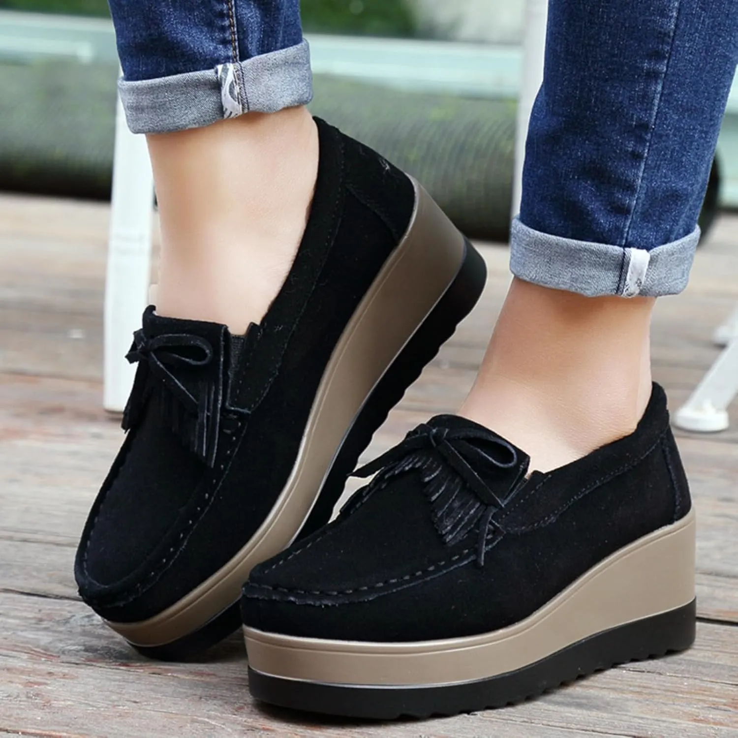 Lefu Women's Tassel Suede Wedge Shoes with Arch Support, Wide Low Cut Casual Shoes