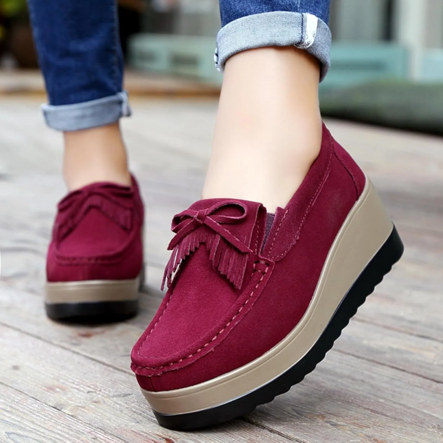 Lefu Women's Tassel Suede Wedge Shoes with Arch Support, Wide Low Cut Casual Shoes