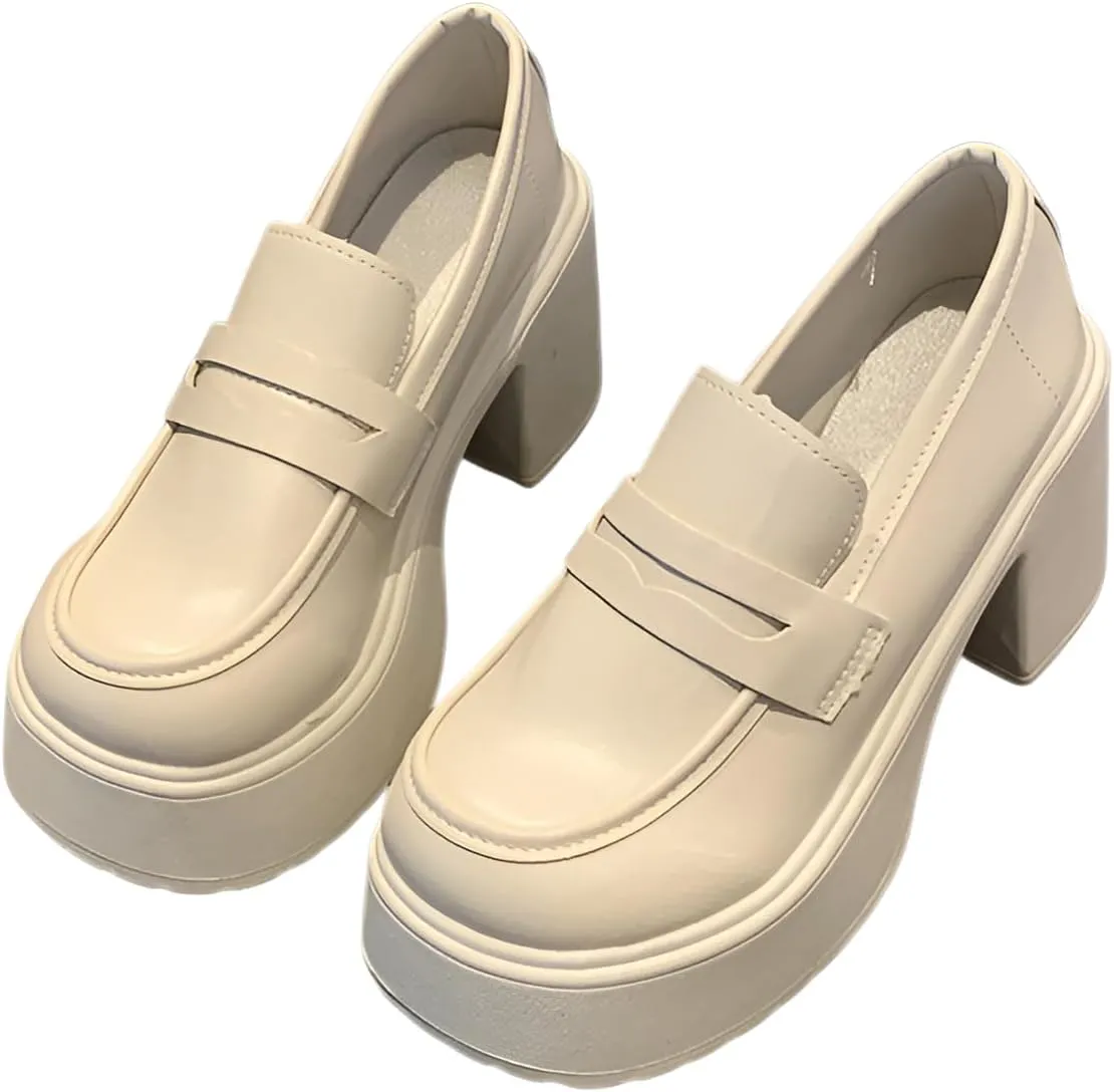lilaBelle]【French Style Loafers Women Chunky Platform Heels Shoes with Non-Slip Rubber Sole, Retro Office/Casual/Formal Leather Shoes for Women, Spring/Autumn Comfortable PU Leather Oxfords