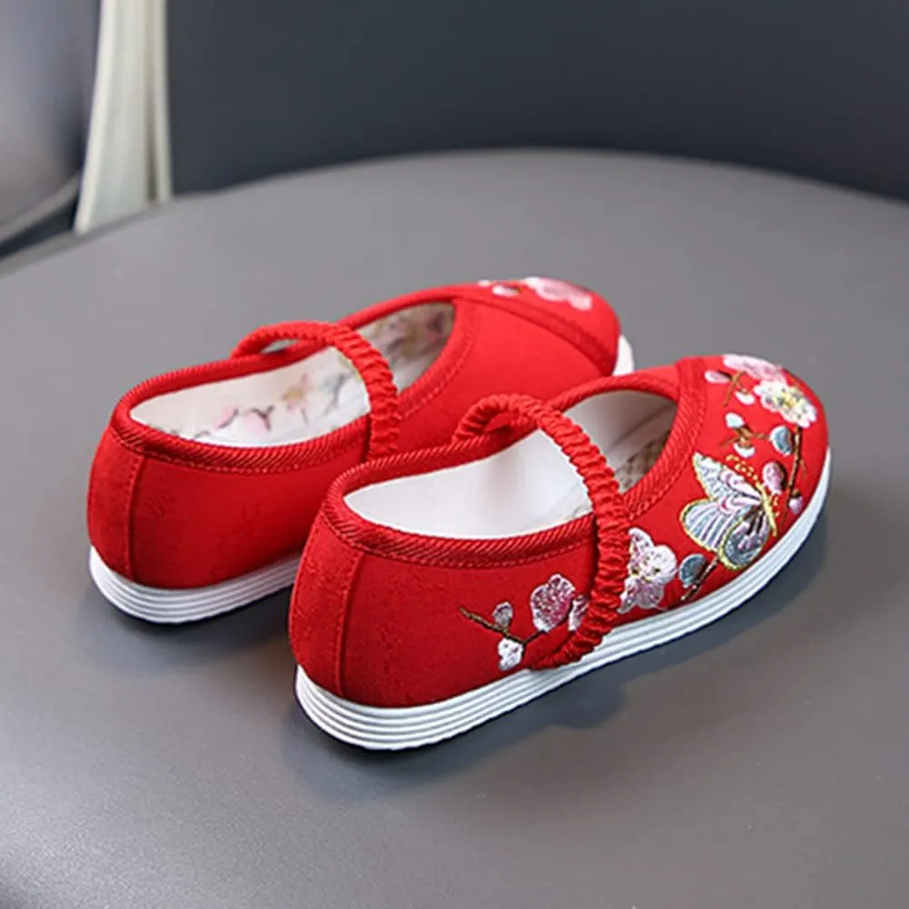 Little Girl Mary Jane Dance Shoe Ballet Sport Shoes Beijing Cloth Shoe Chinese Traditional Floral Butterfly Embroidery Shoe Princess Dress Flats Shoes