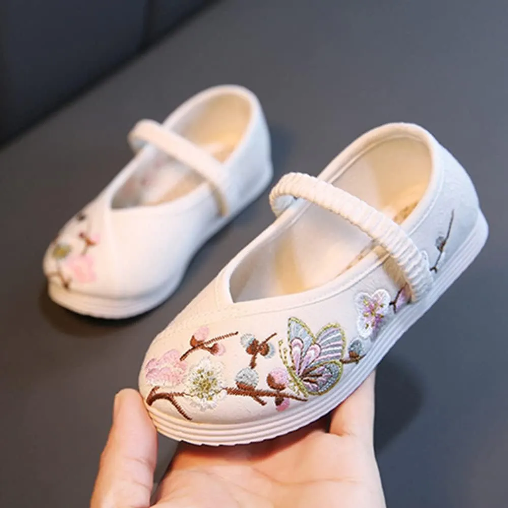 Little Girl Mary Jane Dance Shoe Ballet Sport Shoes Beijing Cloth Shoe Chinese Traditional Floral Butterfly Embroidery Shoe Princess Dress Flats Shoes