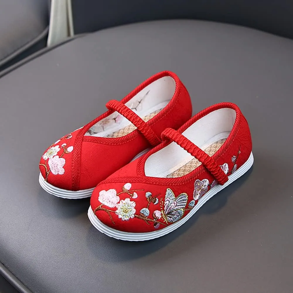 Little Girl Mary Jane Dance Shoe Ballet Sport Shoes Beijing Cloth Shoe Chinese Traditional Floral Butterfly Embroidery Shoe Princess Dress Flats Shoes