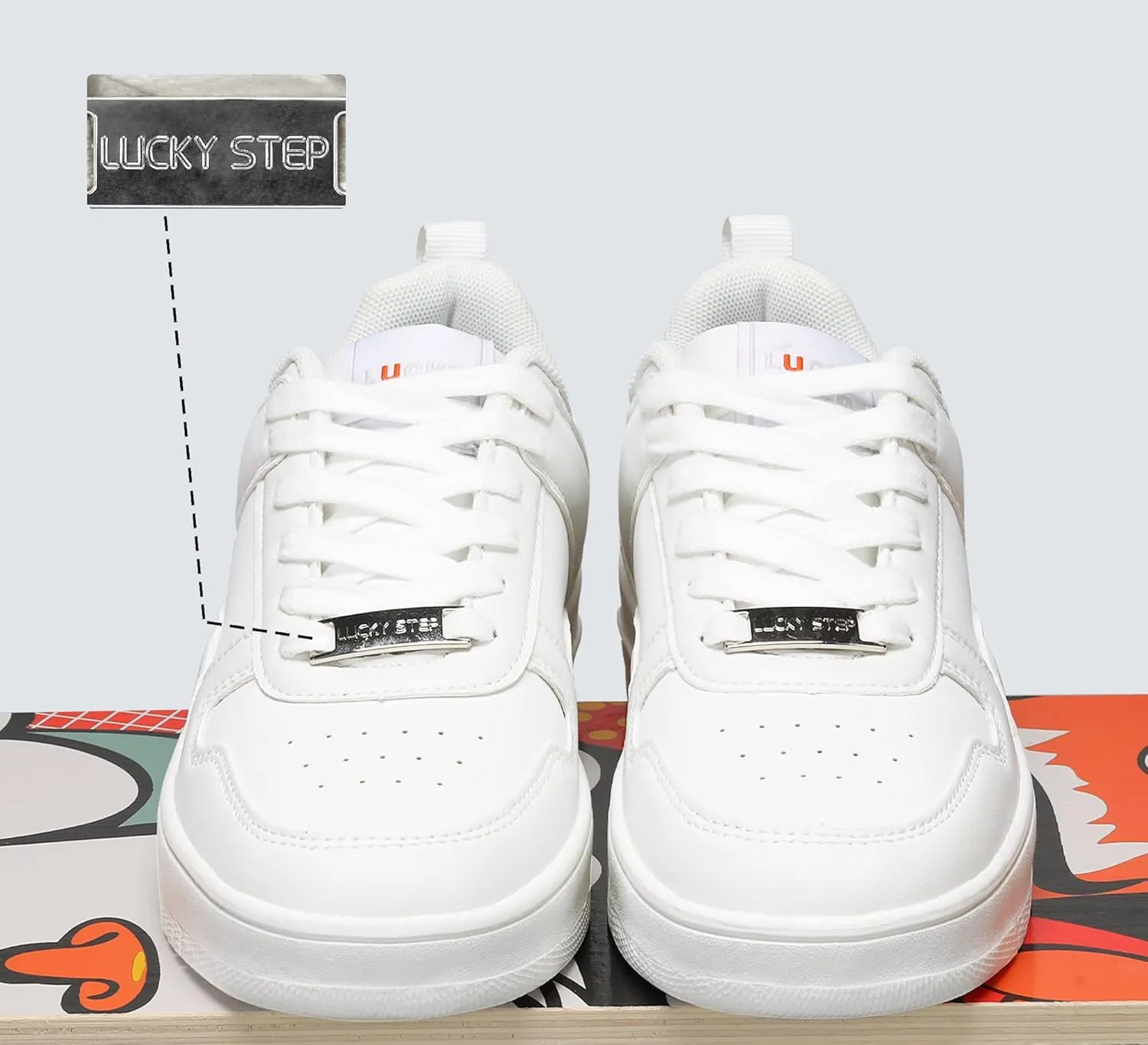LUCKY STEP Women Fashion Sparkle Rhinestone Sneakers White Leather Low Top Tennis Shoes Lace Up Casual Comfortable Walking Shoe