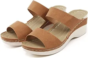 LUWAY Ladies Faux Leather Open Toe T Bar Sling Back Lightweight Elastic Strappy Gladiator Summer Sandals,Brown,US9/EU41
