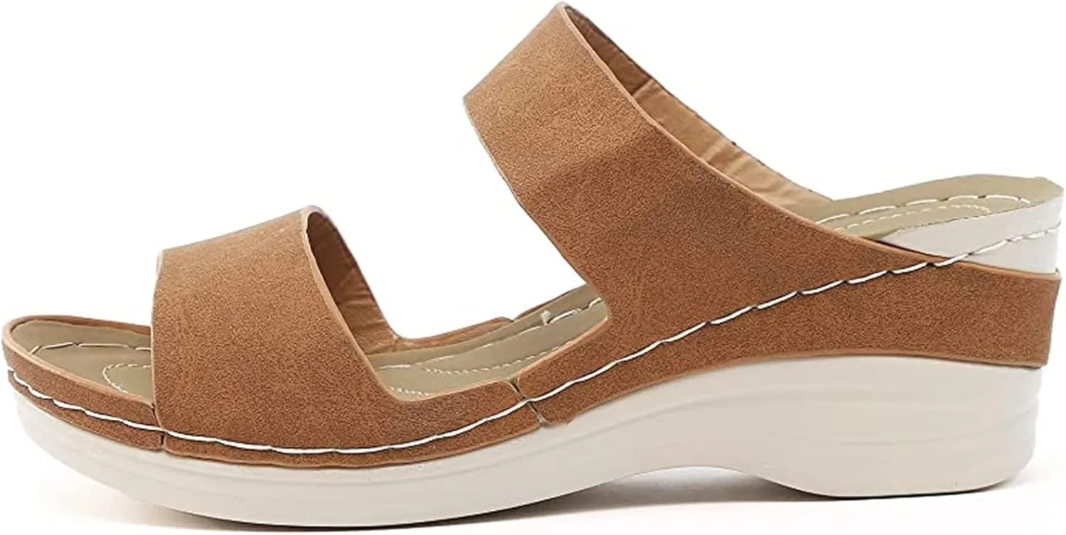 LUWAY Ladies Faux Leather Open Toe T Bar Sling Back Lightweight Elastic Strappy Gladiator Summer Sandals,Brown,US9/EU41