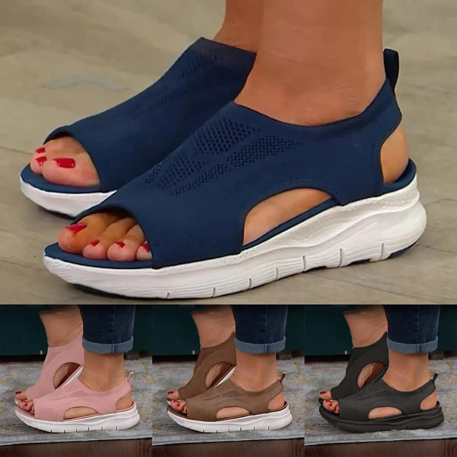 LUWAY Summer Washable Slingback Orthopedic Slide Sport Sandals Comfy Knit Thick Bottom Fish Mouth Casual Sandals Mesh Soft Sole Casual Women's Shoes,Blue,US8/EU40