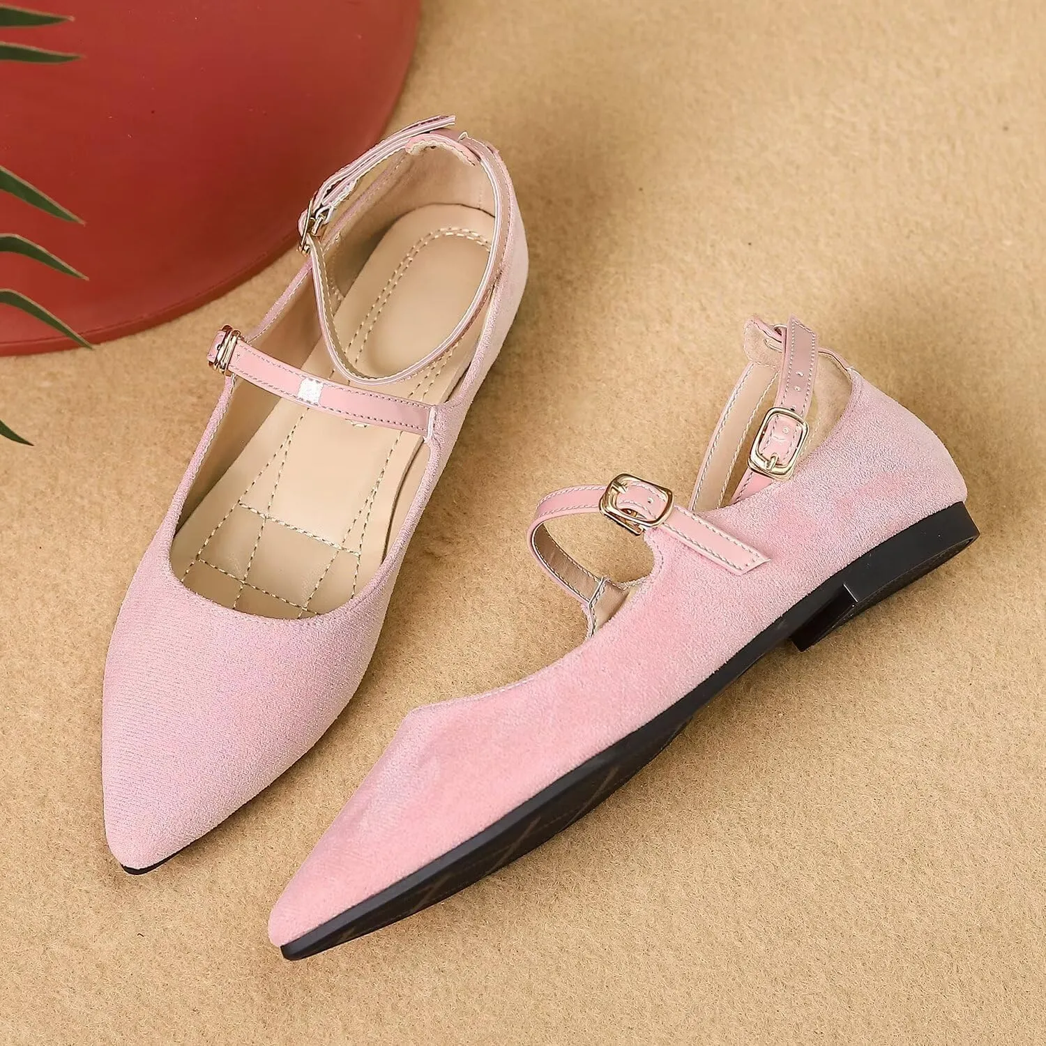 LUXINYU Mary Jane Shoes for Women Suede Pointed Toe Adjustable Ankle Strap Flats Comfortable Work Shoes