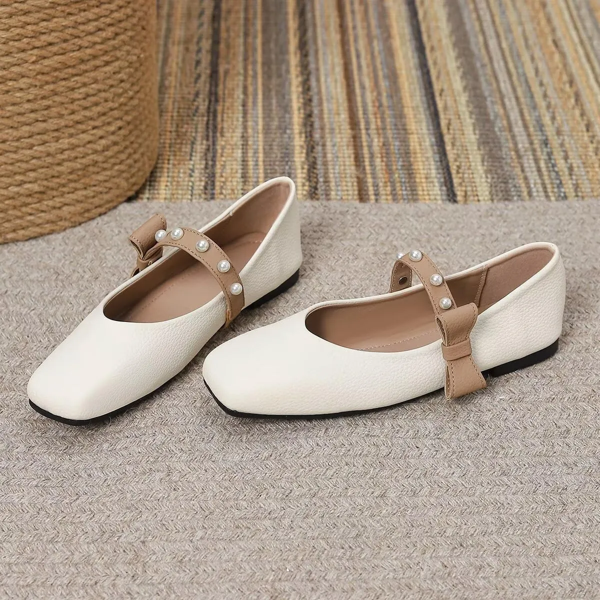 LUXINYU Women Mary Jane Flats Comfortable Square Toe Fashion Pearl Bownot Strap Slip on Low Heel Ballet Flats Dress Office Party Casual Shoes